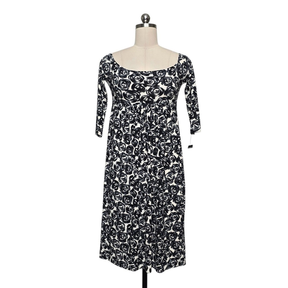 Norma Kamali Rose Print Midi Dress Black White Floral 3/4 Sleeve XS NK39603P